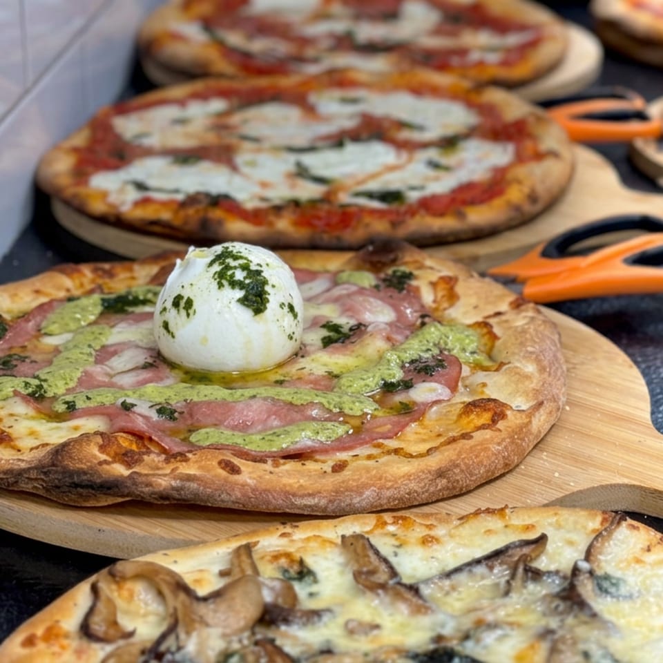 Assorted pizzas sit on wooden boards, including one topped with burrata, pesto, prosciutto, and herbs.